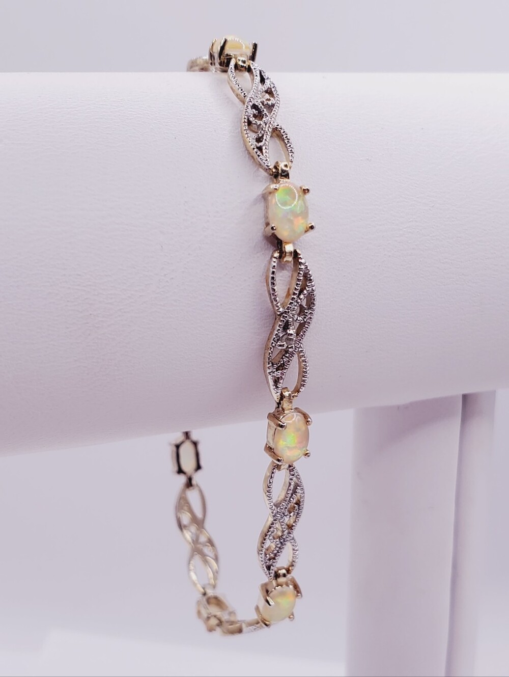 4 Carat Opal & Genuine Diamond Accent Beacelet - Yellow Gold - 925 Silver